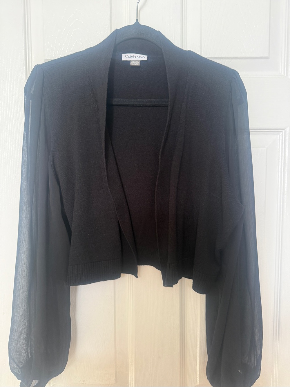 Calvin Klein Black Cropped Open Cardigan with Sheer Sleeves